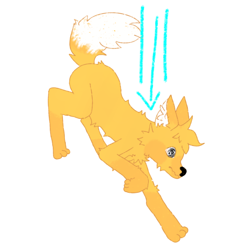 a yellow fox falling down looking worried with blue lines extenuating the fall.